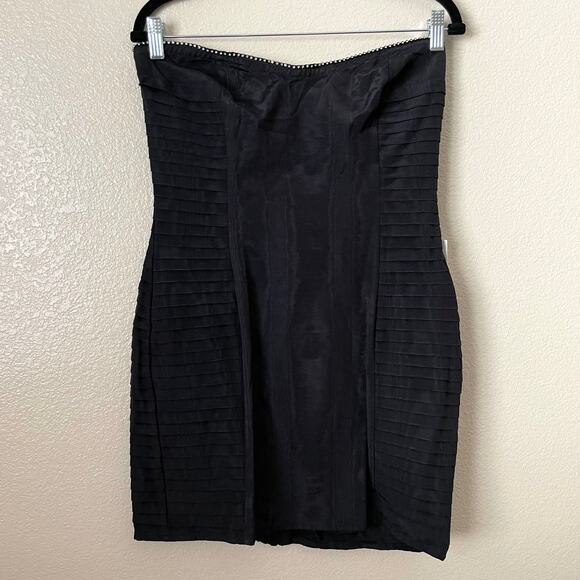 For Love & Lemons Dress Womens Large Black Celeste Moire Rhinestone Pleated Mini - Picture 3 of 14